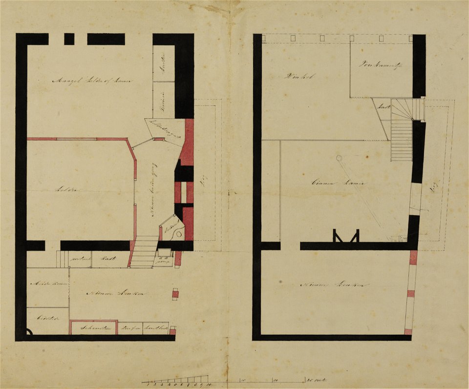 HUA-214303-Plattegronden van de kelder en de begane grond van het winkelwoonhuis Schoutenstraat 21 te Utrecht met indeling en vermelding van de bestemming van de