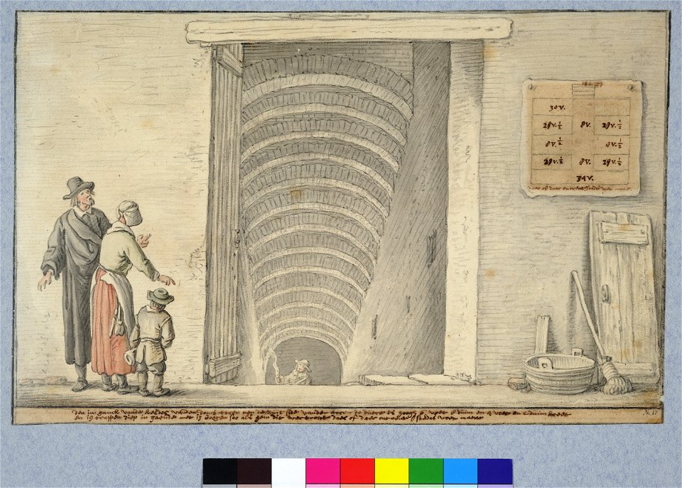 HUA-28641-Gezicht op de ingang van de kelder onder de Domtoren te Utrecht uit het zuiden Rechts hangt een schematische plattegrond van de kelder waarop de voetm