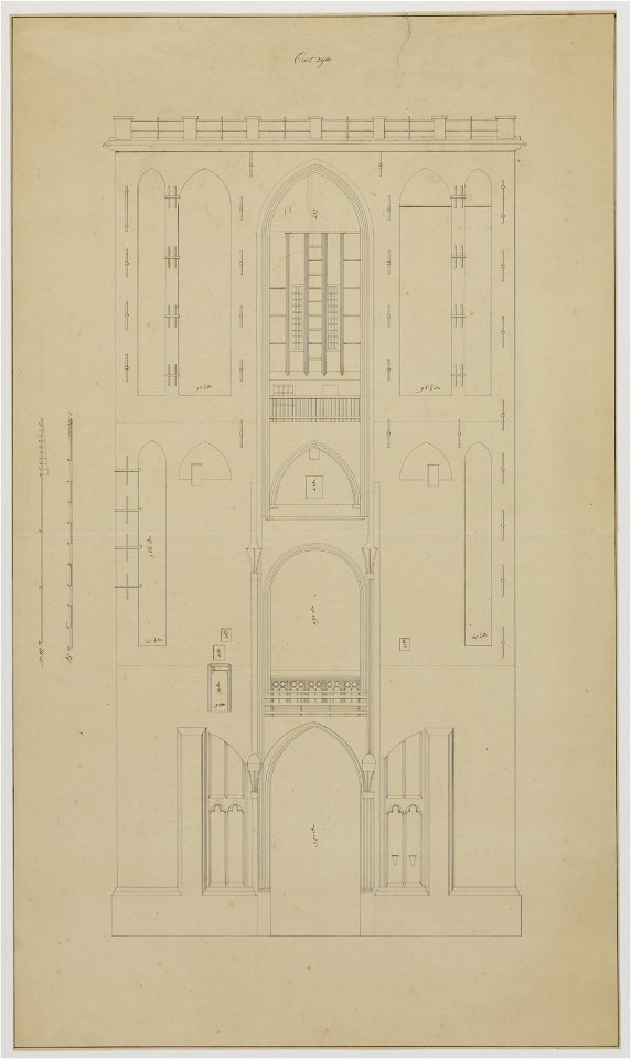 HUA-216376-Opstand van de oostgevel van de eerste geleding van de Domtoren te Utrecht met vermelding van een aantal afmetingen