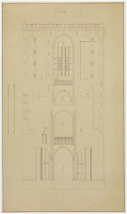 HUA-216376-Opstand van de oostgevel van de eerste geleding van de Domtoren te Utrecht met vermelding van een aantal afmetingen