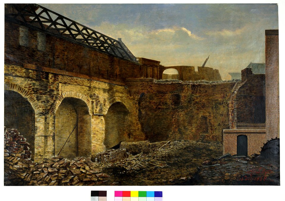 HUA-28649-Gezicht op de gedeeltelijk afgebroken gasfabriek op het noordwestelijke bastion van kasteel Vredenburg te Utrecht