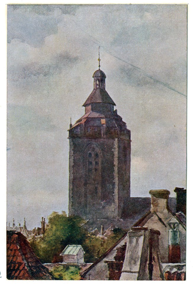HUA-26191-Gezicht uit het zuiden op de toren van de Buurkerk te Utrecht vanaf een hoog standpunt mogelijk de fabriek van Begeer aan de Strosteeg met enkele topg