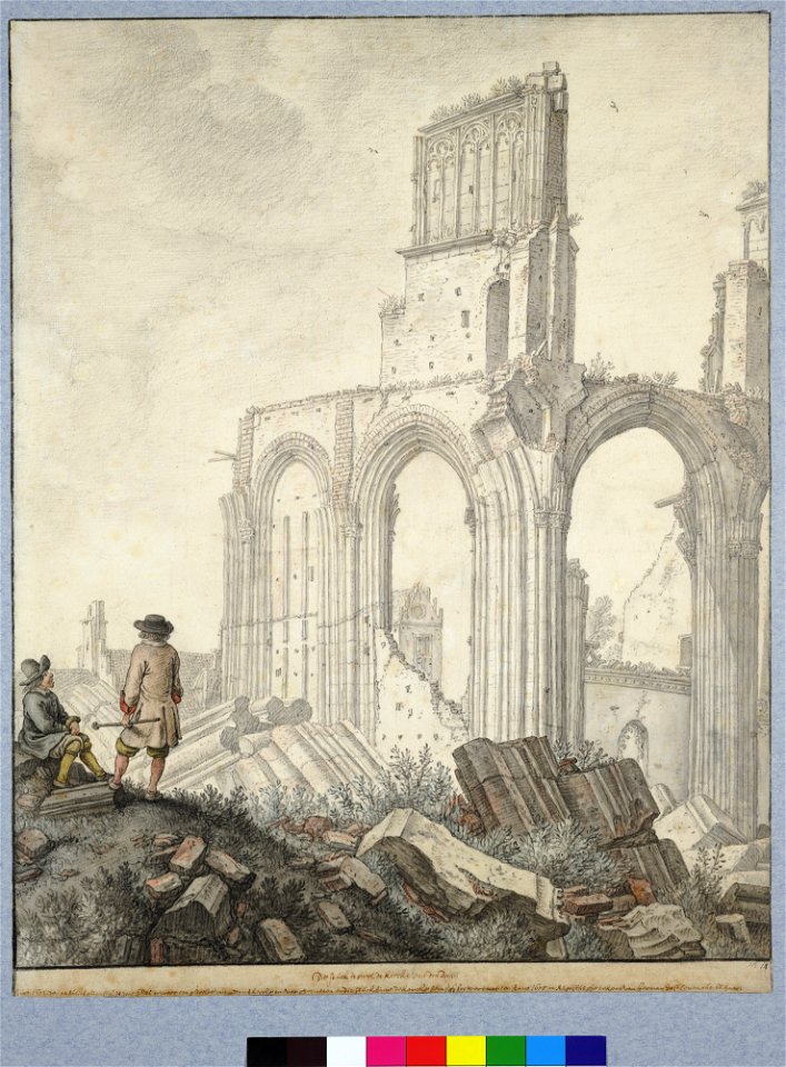 HUA-28638-Gezicht op de ruïne van het schip van de Domkerk te Utrecht uit het zuidwesten de buitenste noordelijke zijbeuk de luchtboogstoel de Leeuwenberch en d