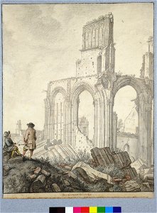 HUA-28638-Gezicht op de ruïne van het schip van de Domkerk te Utrecht uit het zuidwesten de buitenste noordelijke zijbeuk de luchtboogstoel de Leeuwenberch en d