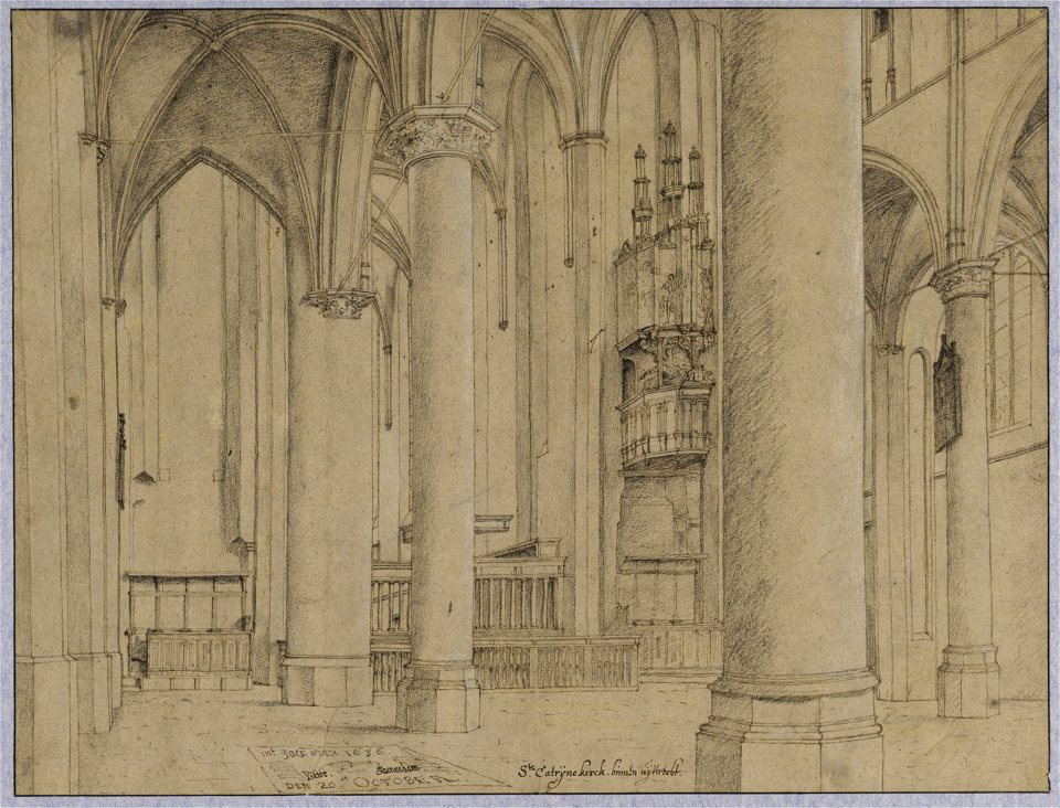 HUA-28621-Interieur van de Catharinakerk te Utrecht de noorderzijbeuk het koor het transept en de zuiderzijbeuk uit het noordwesten