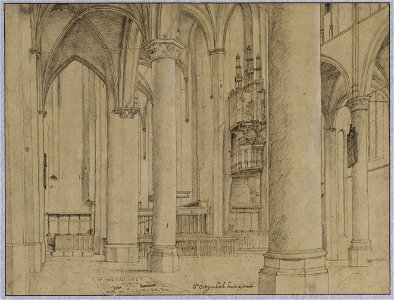 HUA-28621-Interieur van de Catharinakerk te Utrecht de noorderzijbeuk het koor het transept en de zuiderzijbeuk uit het noordwesten