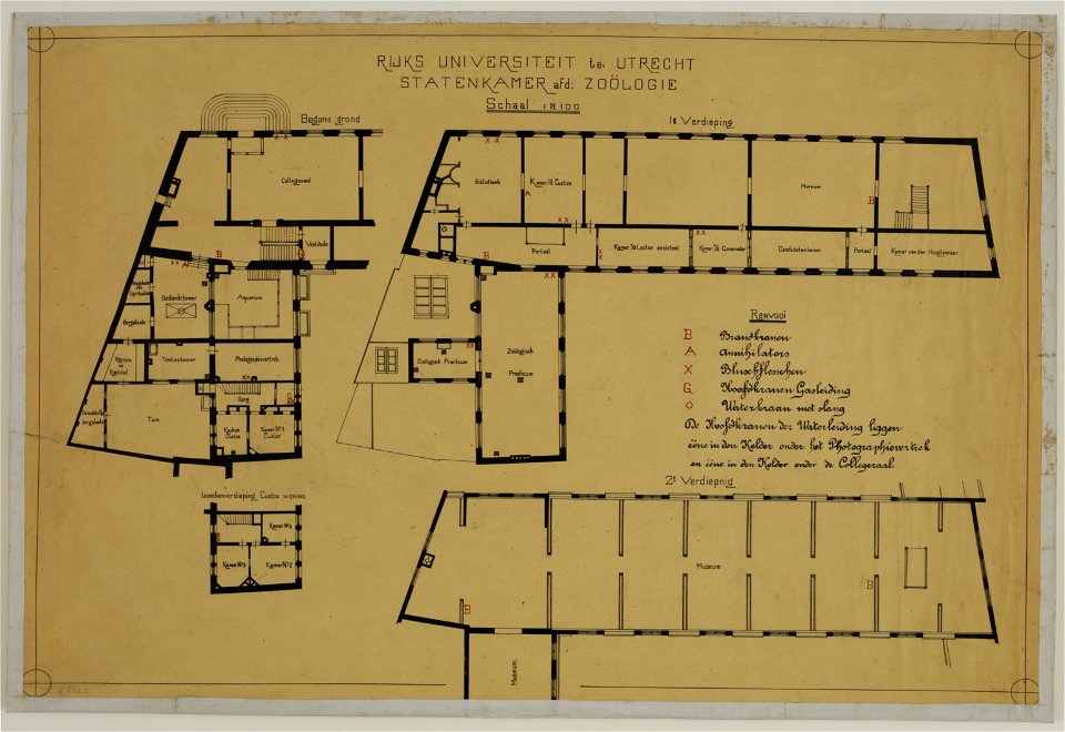 HUA-216851-Plattegronden van het Anatomisch Instituut met het Zoölogisch museum en laboratorium voormalige Statenkamer Janskerkhof 3 te Utrecht met indeling en v