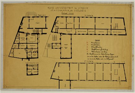 HUA-216851-Plattegronden van het Anatomisch Instituut met het Zoölogisch museum en laboratorium voormalige Statenkamer Janskerkhof 3 te Utrecht met indeling en v