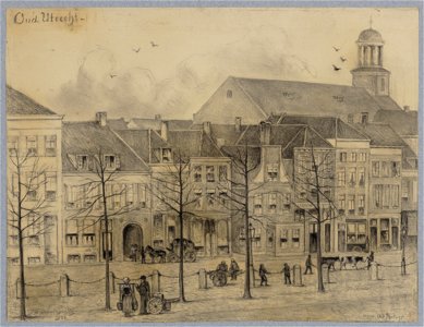 HUA-28311-Gezicht op de voorgevels van de huizen aan de noordzijde van het Vredenburg te Utrecht met op de achtergrond de St Augustinuskerk
