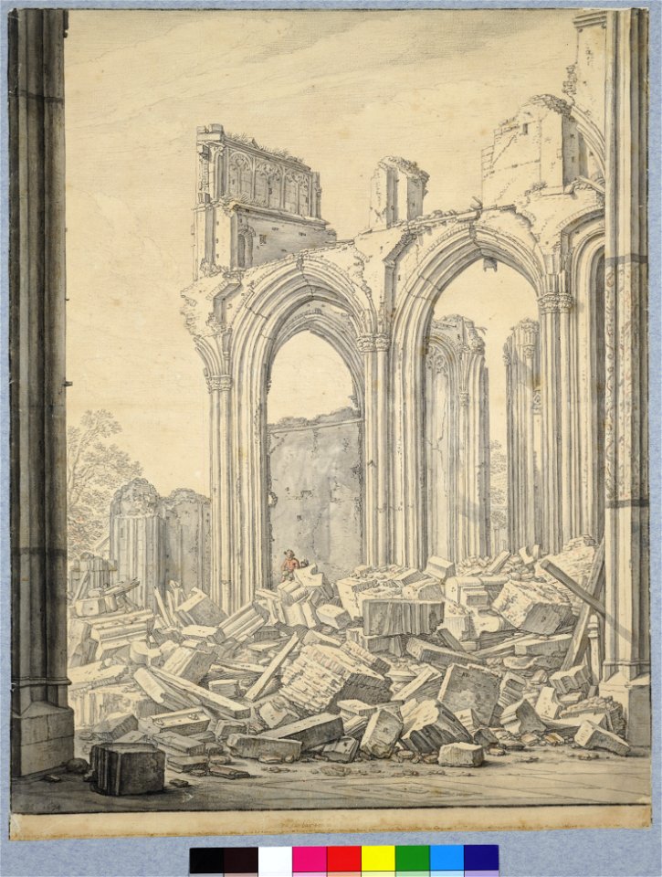 HUA-28629-Gezicht op de ruïne van het schip van de Domkerk te Utrecht uit het zuidoosten drie scheibogen van de buitenste noordelijke zijbeuk de luchtboogstoel 