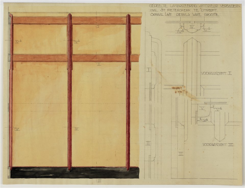 HUA-214541-Interieur van de St Pieterskerk te Utrecht afbeeldingen van de lambrisering in het ontwerp voor de nieuwe inrichting van het vergaderzaaltje NB Op de 