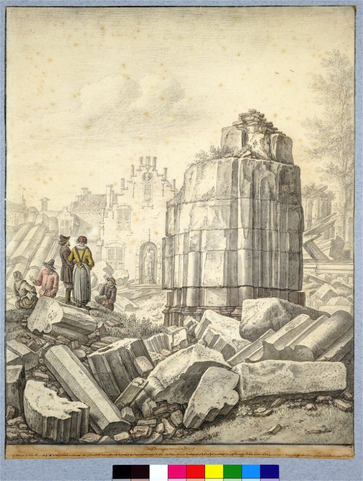 HUA-28637-Gezicht op de ruïne van het schip van de Domkerk te Utrecht uit het zuiden de door de tornado omgedraaide vierde pijler aan de zuidkant van de middenb