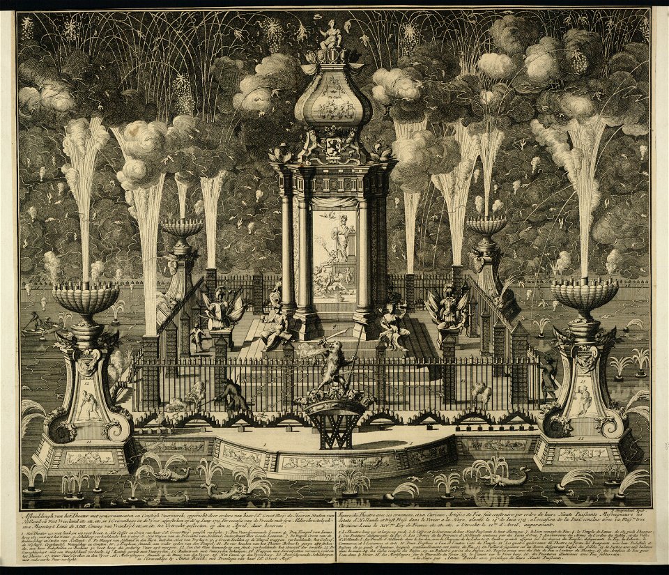 HUA-28792-Afbeelding van het vuurwerk in de Hofvijver in Den Haag ter gelegenheid van het sluiten van de Vrede van Utrecht op 14 juni 1713