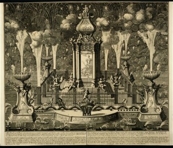 HUA-28792-Afbeelding van het vuurwerk in de Hofvijver in Den Haag ter gelegenheid van het sluiten van de Vrede van Utrecht op 14 juni 1713