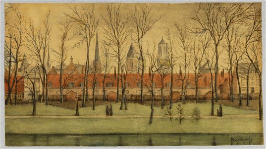 HUA-28334-Gezicht over de stadsbuitengracht te Utrecht op de huisjes langs de Achter de Wal uit het westen met op de achtergrond de Domtoren en de torens van de