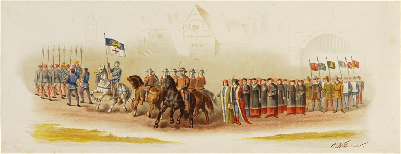 HUA-29153-Eerste blad van de maskerade van de studenten van het Utrechtsch Studenten Corps op 27 juni 1876 ter gelegenheid van het 48ste lustrum voorstellende d