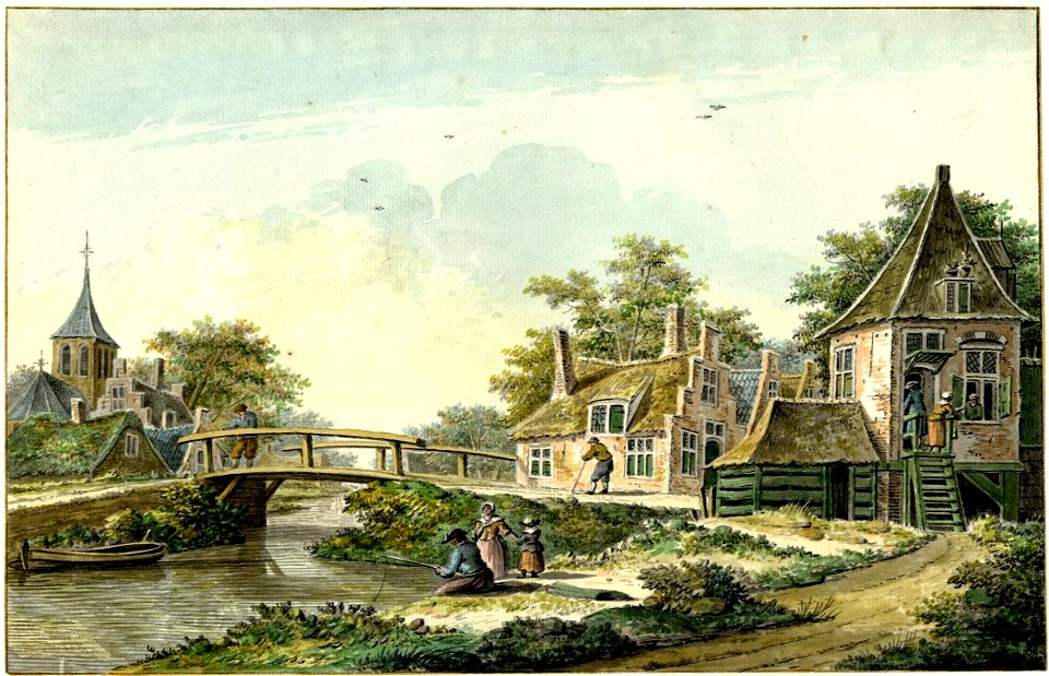 HUA-206206-Gezicht op een rivier met een houten brug en op beide oevers huizen en links op de achtergrond een kerkgebouw