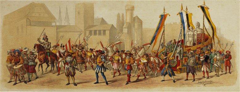 HUA-29172-Zesde blad van de maskerade van de studenten van het Utrechtsch Studenten Corps op 28 juni 1881 ter gelegenheid van het 49ste lustrum voorstellende de