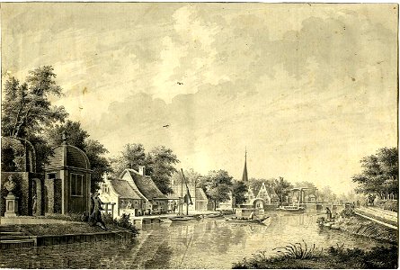 HUA-206142-Gezicht over de Vecht op het dorp Breukelen met links de theekoepel van het huis Boom en Bosch daarachter de brouwerij De Vijfhoek met de hijsbalk ver