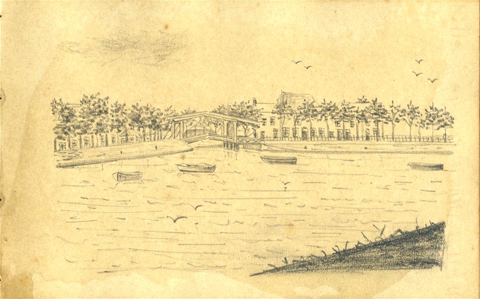 HUA-222086-Gezicht op de haven te Medemblik Noord Holland NB Blad uit het Schetsboek No 5 van Th Scharten 1892 1893 Het schetsboek bevat 40 tekeningen van lokati