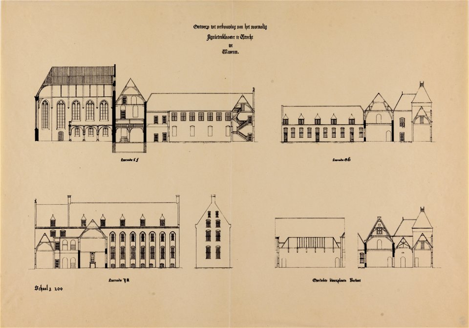 HUA-214743-Doorsneden van het ontwerp voor de verbouwing van het voormalige Agnietenklooster Agnietenstraat te Utrecht tot museum NB Het betreft een niet uitgevo