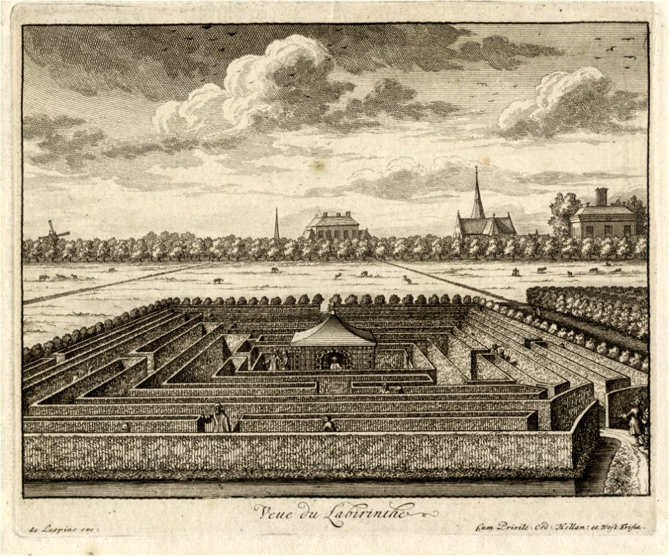 HUA-202376-Gezicht op de doolhof van de buitenplaats Gunterstein te Breukelen met rechts op de achtergrond het huis Gunterstein