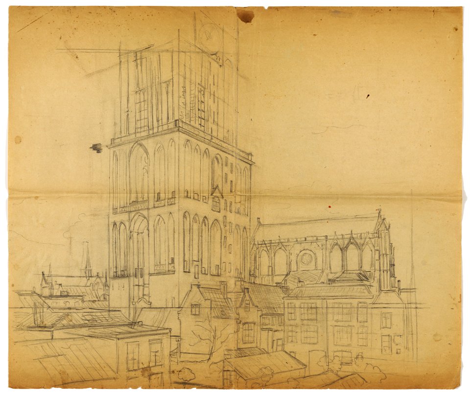 HUA-28364-Gezicht vanuit een huis aan de Lichte Gaard te Utrecht op de onderste twee geledingen van de Domtoren met de achterkant van de bebouwing aan de Servet