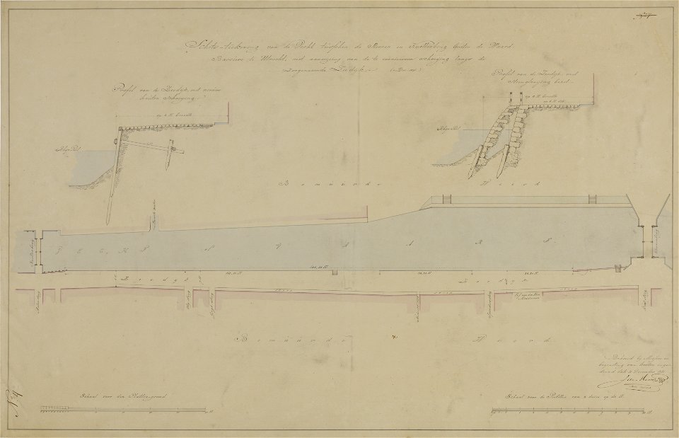 HUA-216331-Kaart van het gedeelte van de Vecht tussen de Knollenbrug en de stenen brug bij de Kaatstraat met de aangrenzende straten te Utrecht met dwarsprofiele