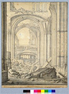 HUA-28633-Gezicht op de ruïne van het schip van de Domkerk te Utrecht uit het zuiden de grafkapel Taets van Amerongen en de kapel Van der Vecht in de noordelijk