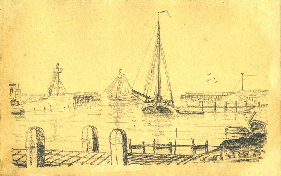 HUA-222087-Gezicht op de haven te Medemblik Noord Holland NB Blad uit het Schetsboek No 5 van Th Scharten 1892 1893 Het schetsboek bevat 40 tekeningen van lokati