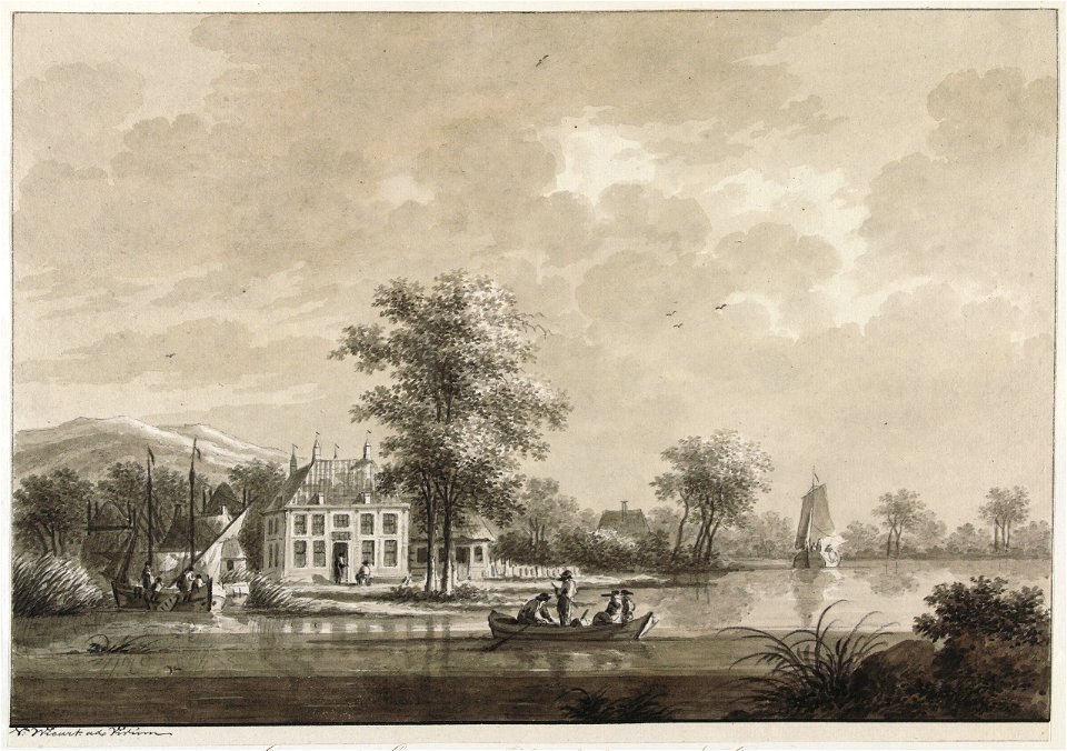 HUA-206091-Gezicht op de Rijn buiten Rhenen met een groot stenen huis in gebruik als logement met agrarische bijgebouwen en op de achtergrond de Grebbeberg