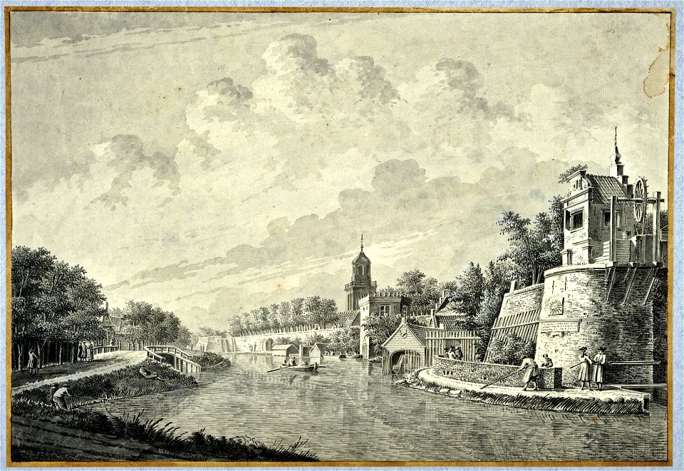 HUA-30856-Gezicht over de stadsbuitengracht op de stadswal te Utrecht uit het oosten met links de singel met de uitmonding van de Minstroom rechts het bastion Z