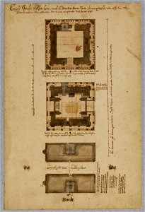 HUA-28600-Plattegrond van de Domtoren te Utrecht op drie niveaus Onder eerste vierkant straatniveau met de onderdoorgang midden eerste vierkant eerste verdiepin