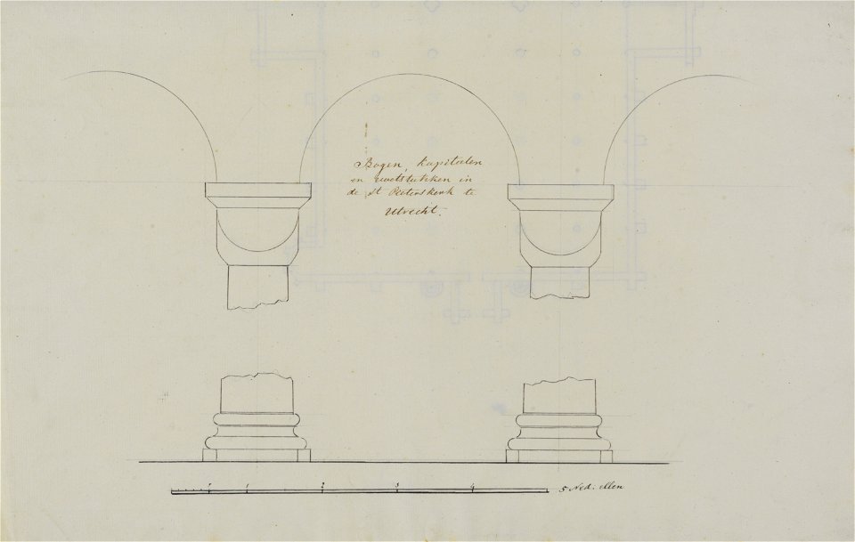 HUA-214521-Interieur van de St Pieterskerk te Utrecht afbeeldingen van enkele basementen kapitelen en bogenNB Op de achterzijde een plattegrond van de kerk
