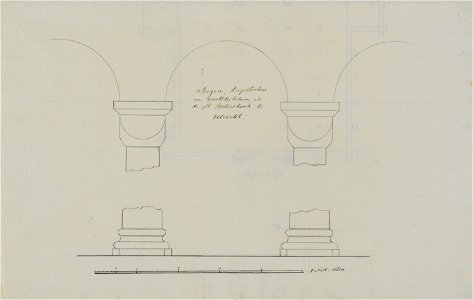 HUA-214521-Interieur van de St Pieterskerk te Utrecht afbeeldingen van enkele basementen kapitelen en bogenNB Op de achterzijde een plattegrond van de kerk
