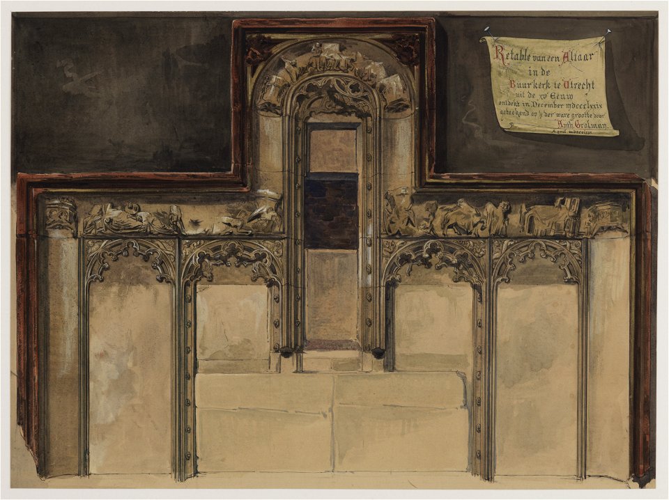 HUA-28718-Interieur van de Buurkerk te Utrecht afbeelding van het stenen retabel van het altaar van OL Vrouwe ter Nood Gods in het noordertransept