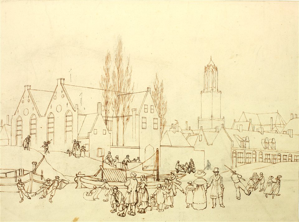 HUA-30264-Gezicht vanaf de bevroren stadsbuitengracht op de stad Utrecht met links het Leeuwenberggasthuis en rechts de Bruntenhof en op de achtergrond de Domto