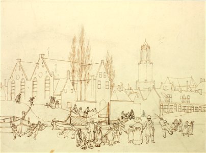 HUA-30264-Gezicht vanaf de bevroren stadsbuitengracht op de stad Utrecht met links het Leeuwenberggasthuis en rechts de Bruntenhof en op de achtergrond de Domto