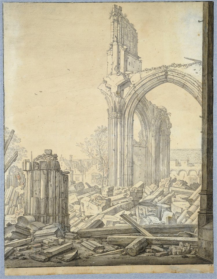 HUA-28630-Gezicht op de ruïne van het schip van de Domkerk te Utrecht uit het zuidoosten de afgebroken pijler van de middenbeuk de luchtboogstoel en de Leeuwenb