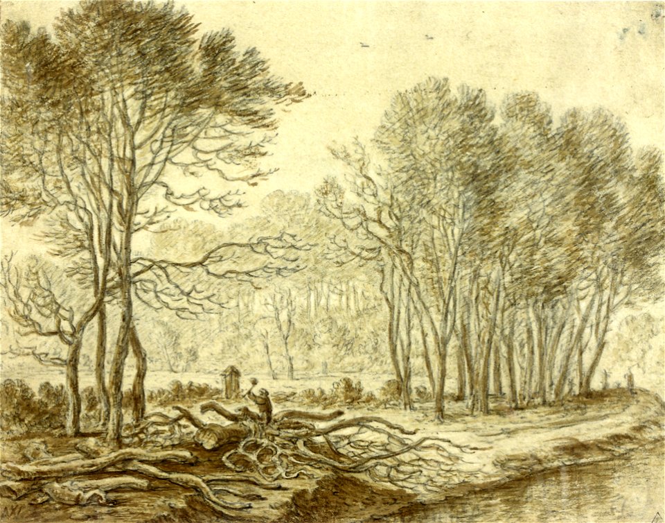 HUA-26210-Gezicht op een met bomen begroeide oever met op de voorgrond een houthakker aan het werk mogelijk aan de Kromme Rijn bij Amelisweerd tussen Utrecht en