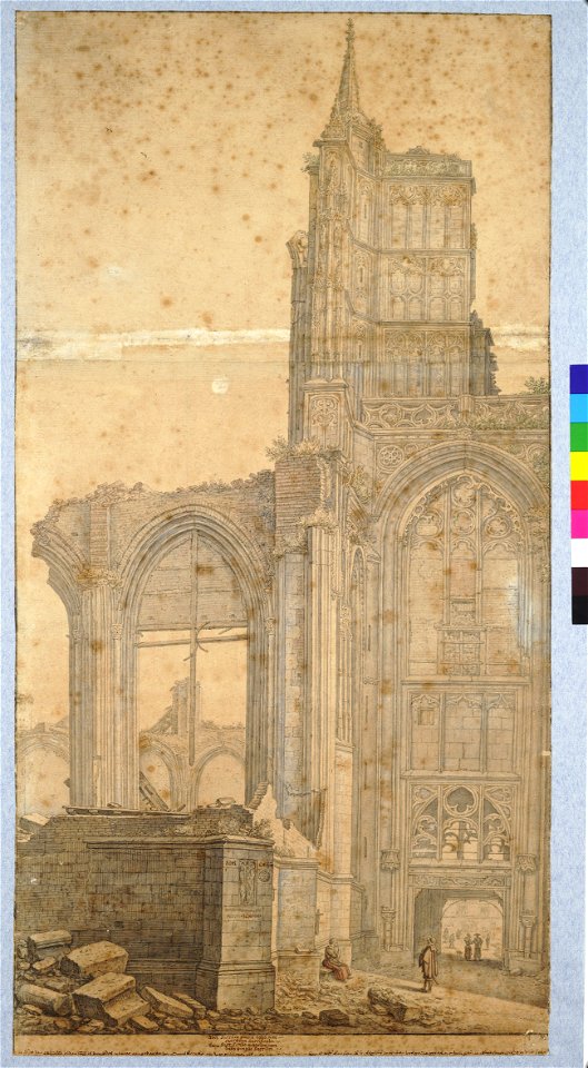 HUA-28626-Gezicht op de Bisschopsloge tussen de ruïne van het schip van de Domkerk en de Domtoren rechts buiten beeld te Utrecht met de onderdoorgang naar het M