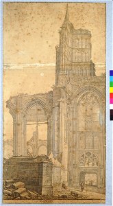 HUA-28626-Gezicht op de Bisschopsloge tussen de ruïne van het schip van de Domkerk en de Domtoren rechts buiten beeld te Utrecht met de onderdoorgang naar het M
