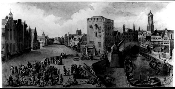 HUA-30133-Gezicht op de Ganzenmarkt te Utrecht uit het westen met links het St Barbara en Laurensgasthuis in het midden het huis Keyserrijk en de stadskraan en 
