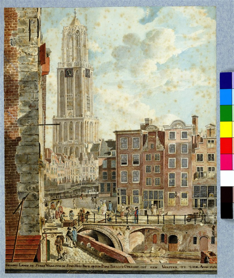 HUA-30406-Gezicht op de Oudegracht te Utrecht bij de Stadhuisbrug uit het noorden met links de hoek van het huis Keijserrijk rechts de voorgevels van enkele hui
