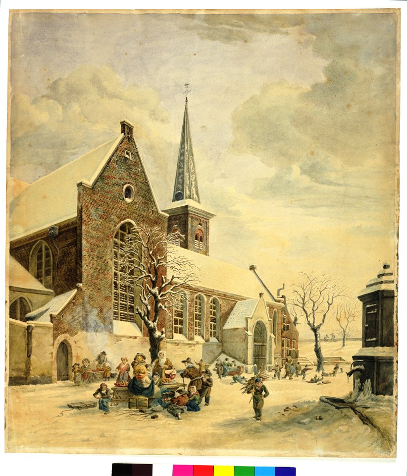 HUA-28731-Gezicht op de noordgevel en de toren van de Geertekerk aan het Geertekerkhof te Utrecht uit het noordoosten met rechts de pomp