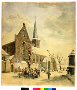 HUA-28731-Gezicht op de noordgevel en de toren van de Geertekerk aan het Geertekerkhof te Utrecht uit het noordoosten met rechts de pomp