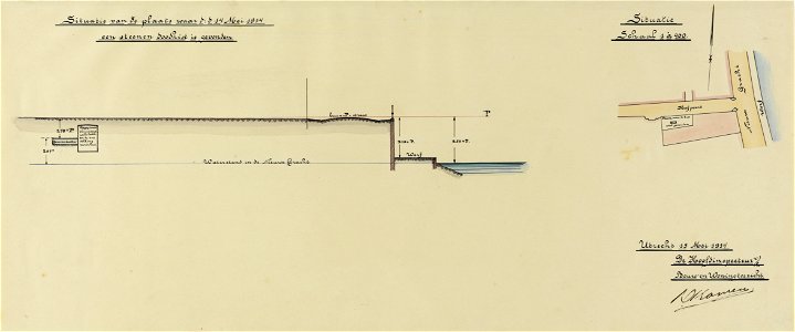 HUA-214640-Doorsnede van het terrein van de St Paulusabdij bij de Hofpoort aan de Nieuwegracht te Utrecht waar op 14 mei 1914 een stenen doodkist is gevonden met