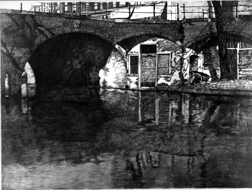 HUA-30462-Gezicht op de Oudegracht te Utrecht uit het zuidwesten op een gedeelte van de Weesbrug en de werf