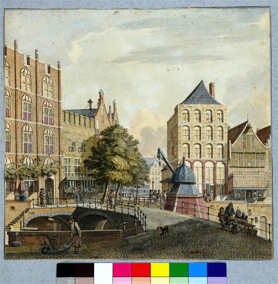 HUA-30400-Gezicht op de Oudegracht te Utrecht uit het zuidwesten met op de voorgrond de Bezembrug en de stadskraan links de huizen Blijdestein Rutenberg en het 