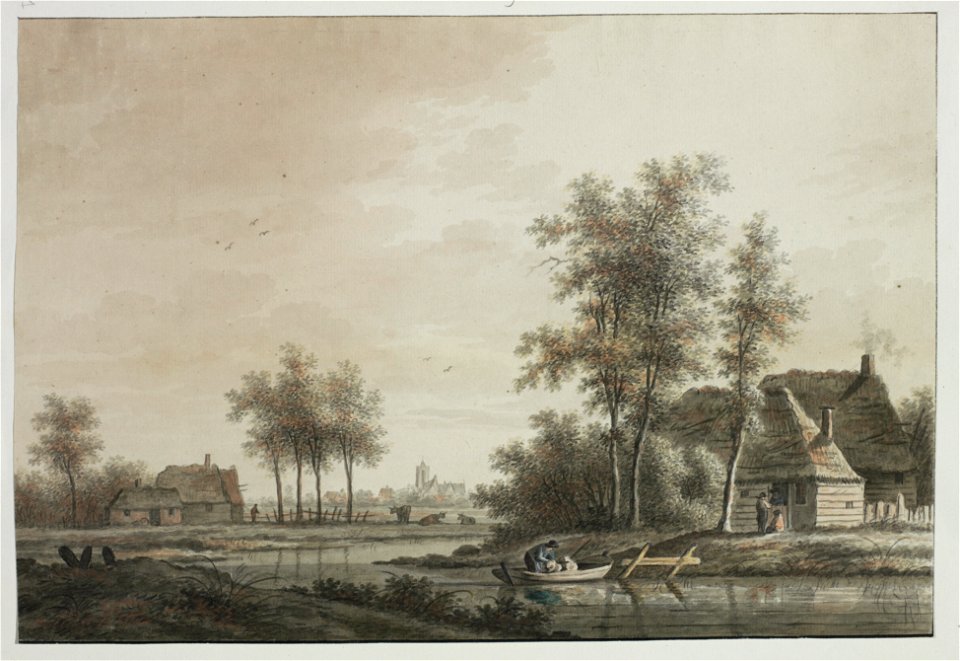 HUA-206269-Gezicht op het landschap in de omgeving van Westbroek met op de voorgrond een boerderij aan het water en op de achtergrond de kerktoren van Westbroek